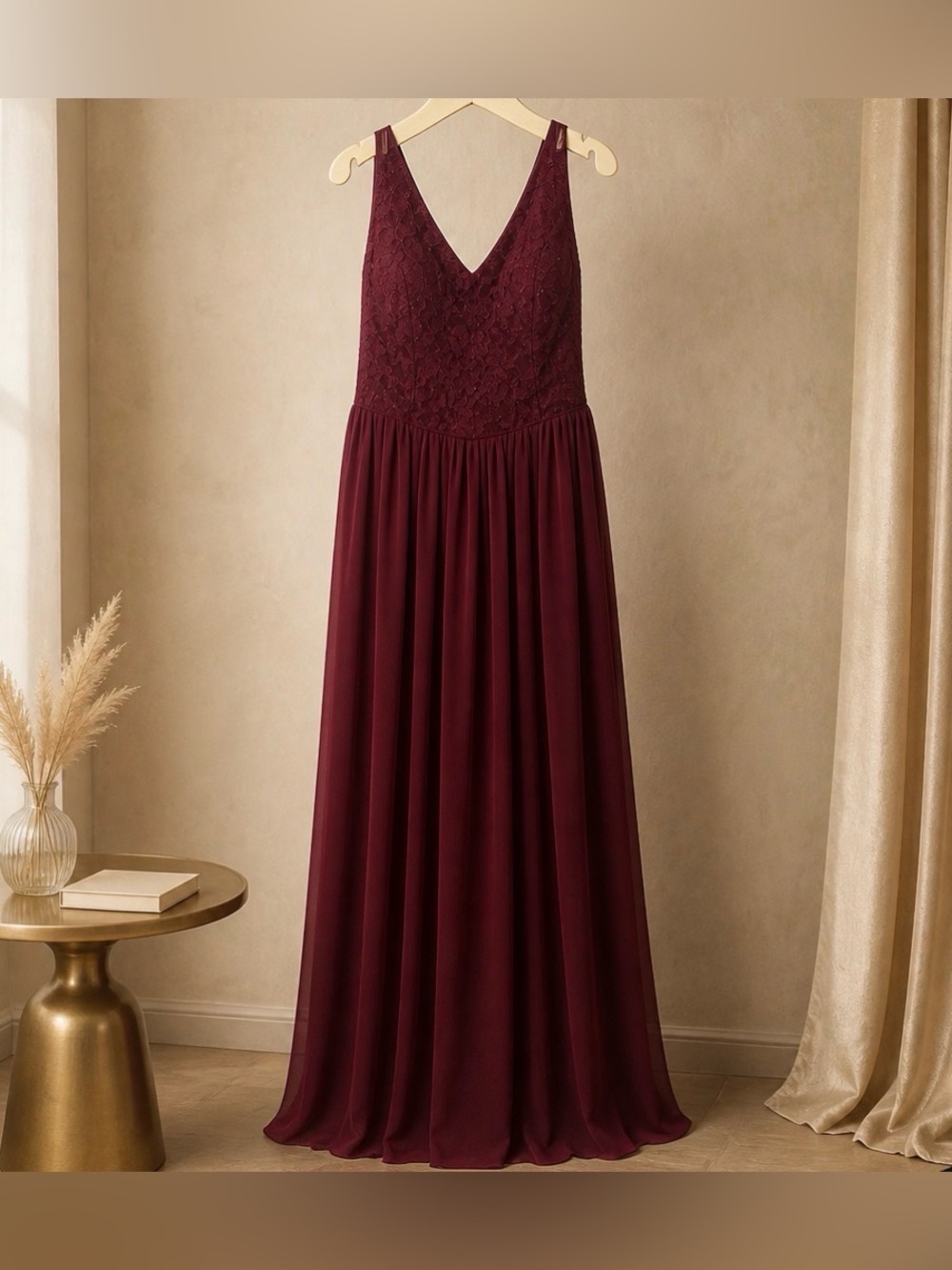 Elegant V-Neck Wine Maxi Dress with Lace Bodice